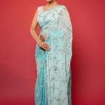 Two Tone Sky Pure Chiffon Saree | Resham, Aari, Sequin & Pearl Work | Jaipurio Designer Collection